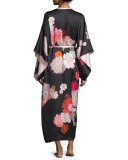 Floral-Print Long Kimono Robe, Black