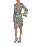 Scoop-Neck Bell-Sleeve Dress, Black/White
