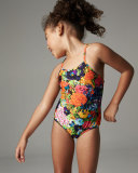 Cross-Back Floral One-Piece Swimsuit, Multicolor, Size 4-7