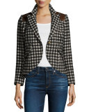 Check One-Button Blazer with Leather Trim