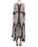 Long-Sleeve Scarf-Print Handkerchief Dress, Black Paisley
