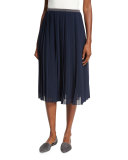 Pleated Plisse Knee-Length Skirt, Navy
