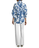 Floral-Print Day Blouse, Blue/Ivory