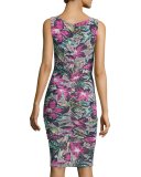 Sleeveless Floral-Print Side-Tucked Sheath Dress 