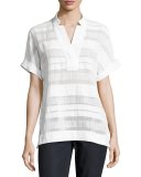 Travis Short-Sleeve Highland Textured-Stripe Blouse, White