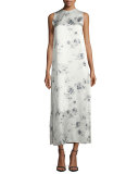 Sleeveless Floral Silk Midi Dress, Charcoal