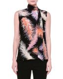 Sleeveless Feather-Print Blouse, Black/Orange