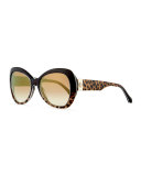 Two-Tone Leopard-Print Butterfly Sunglasses, Brown