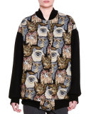 Cat-Embroidered Bomber Jacket, Black