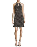 Sleeveless Beaded Keyhole Cocktail Dress, Silver/Black