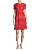 Short-Sleeve Macramé Lace A-Line Dress, Red