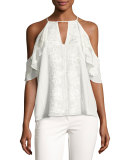 Roma Embroidered Floral Cold-Shoulder Top, Ivory