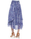 Mixed-Print Layered Midi Skirt, Indigo Combo