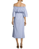 Striped Shirting Midi Dress, Blue