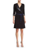 3/4-Sleeve Embellished Wrap Dress, Ink