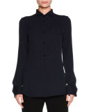Silk Button-Front Tuxedo Blouse, Navy