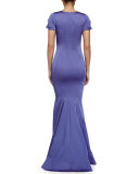 Maira Short-Sleeve Gown with Train, Iris