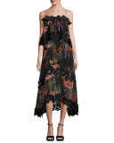 Peony Floral Overlay Silk Midi Dress, Black Multicolor