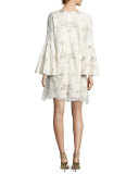 Libby Bell-Sleeve Floral Lace Cocktail Dress, White/Silver
