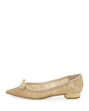 Lace Pointed-Toe Bow Flat, Gold
