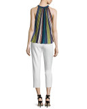 Sleeveless Vertical-Striped Top, Black/Metallic