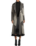 Patchwork Tweed Double-Breasted Coat, White/Black