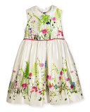 Sleeveless Collared Botanical Flora Mikado Dress, Multicolor, Size 4-8