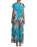 Parasol Silk Maxi Caftan Coverup, Turquoise/Black/Green