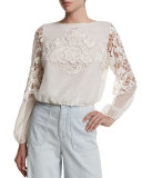 Jenelle Long-Sleeve Lace-Trim Plisse Blouse, Cream