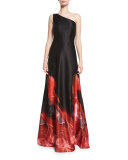 One-Shoulder Ombre Ball Gown, Black/Red