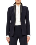One-Button Blazer w/Leather Lapels, Navy