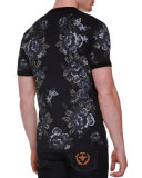 Cross-Stitched Floral-Print Jersey T-Shirt, Navy