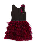 Sleeveless Ponte & Feather Dress, Black/Pink, Size 4-6