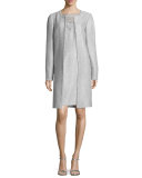 Sleeveless Lace-Bodice Metallic Sheath Dress, Sky