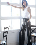 Striped Silk Wide-Leg Trousers, Black