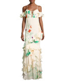 La Santa Maria Ruffled Floral Gown, White