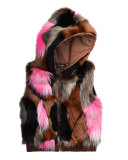 Hooded Zip-Front Faux-Fur Vest, Flamingo/Multicolor, Size 8-14