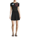 Short-Sleeve Intarsia Dress, Black/Multi