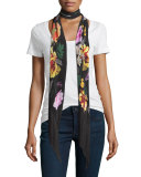 Floral Classic Skinny Fringe Silk Scarf, Black