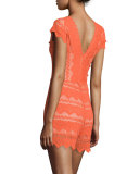 Antoinette Cap-Sleeve Lace Romper, Hot Orange