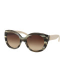 Two-Tone Streaked Cat-Eye Sunglasses, Olive Horn
