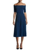 Off-the-Shoulder Ribbed Half-Sleeve Dress, Cobalt