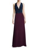 Sleeveless Crepe Two-Tone Gown, Blue/Magenta