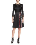 3/4-Sleeve Embellished A-Line Dress, Black