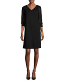 Sheer 3/4-Sleeve V-Neck Punto Milano Dress, Black