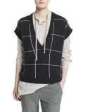 Cap-Sleeve Embellished Windowpane Pullover, Charcoal