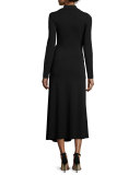 Long-Sleeve Draped-Front Midi Dress, Black