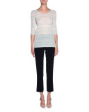 Striped 3/4-Sleeve Scoop-Neck Sweater, Light Blue/White