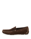 Contrast-Stitch Suede Penny Driver, Chocolate