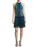 Halter-Neck Pleated-Skirt Dress, Black/Blue/Green